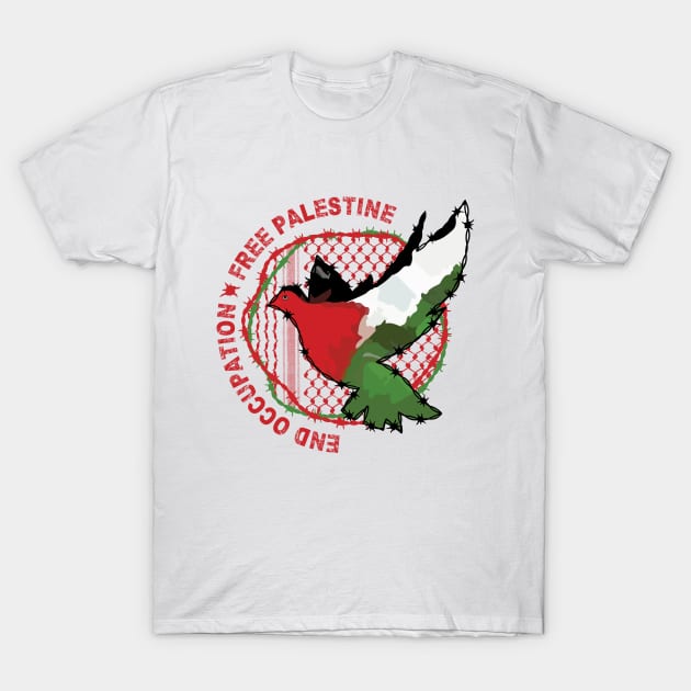 End Occupation Free Palestine with Palestinian Arabic Kufiya Hatta Pattern -red T-Shirt by QualiTshirt